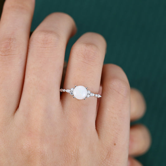 Round Cut Opal Engagement Ring with Moissanite Cluster Accents In White Gold
