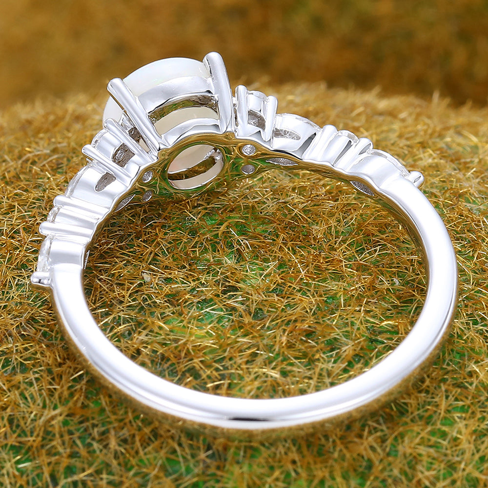 Round Cut Opal Engagement Ring with Moissanite Cluster Accents In White Gold