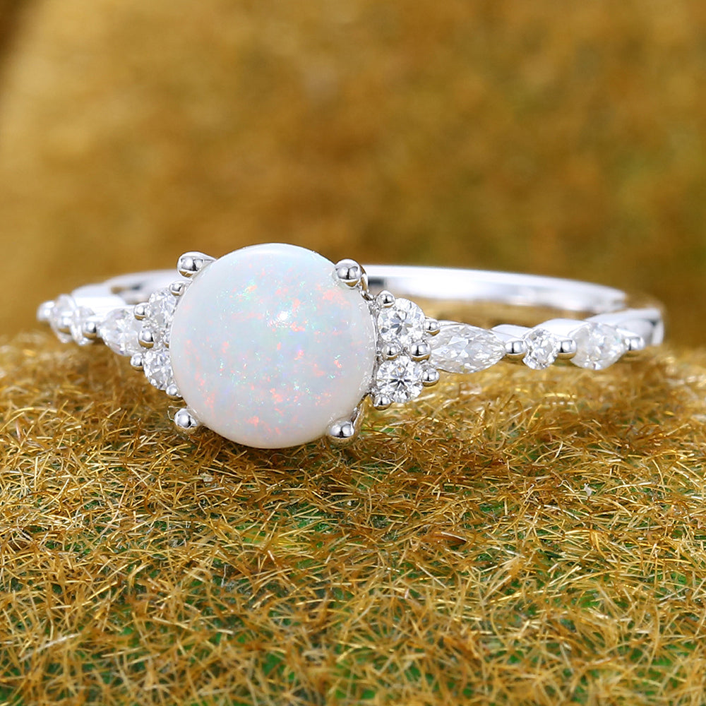 Round Cut Opal Engagement Ring with Moissanite Cluster Accents In White Gold