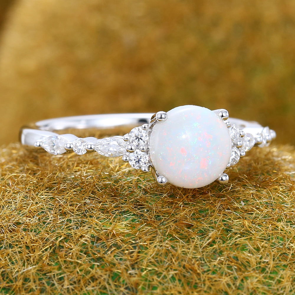 Round Cut Opal Engagement Ring with Moissanite Cluster Accents In White Gold