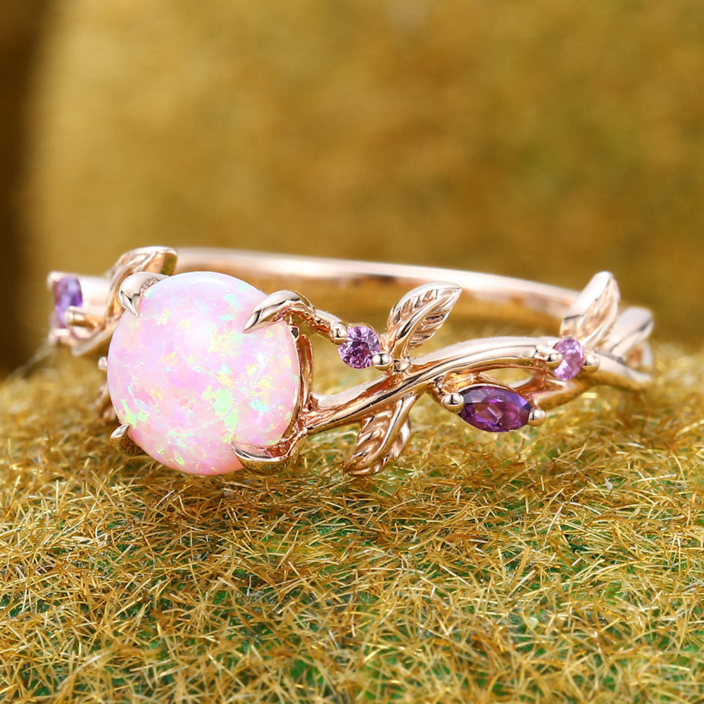Round Pink Opal Engagement Ring Nature-Inspired Twisted Design