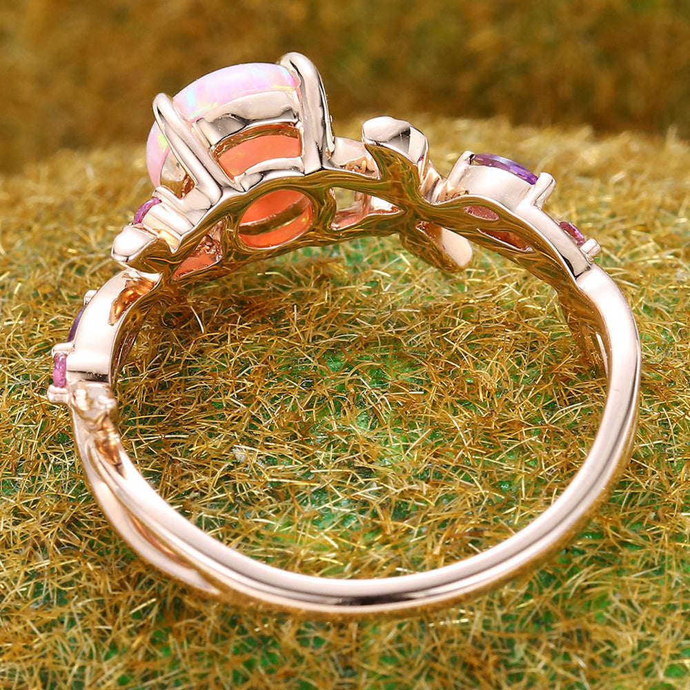 Round Pink Opal Engagement Ring Nature-Inspired Twisted Design