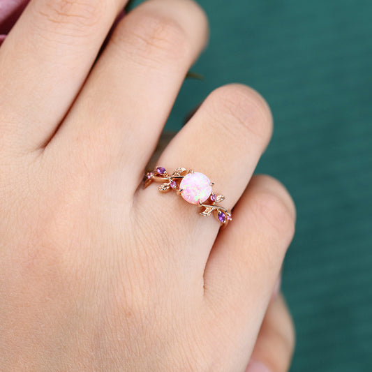 Round Pink Opal Engagement Ring Nature-Inspired Twisted Design