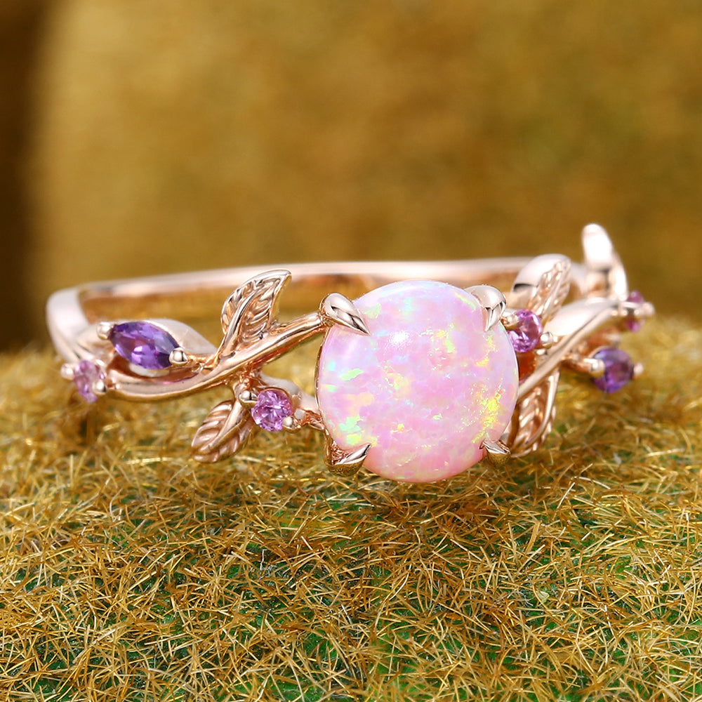 Round Pink Opal Engagement Ring Nature-Inspired Twisted Design