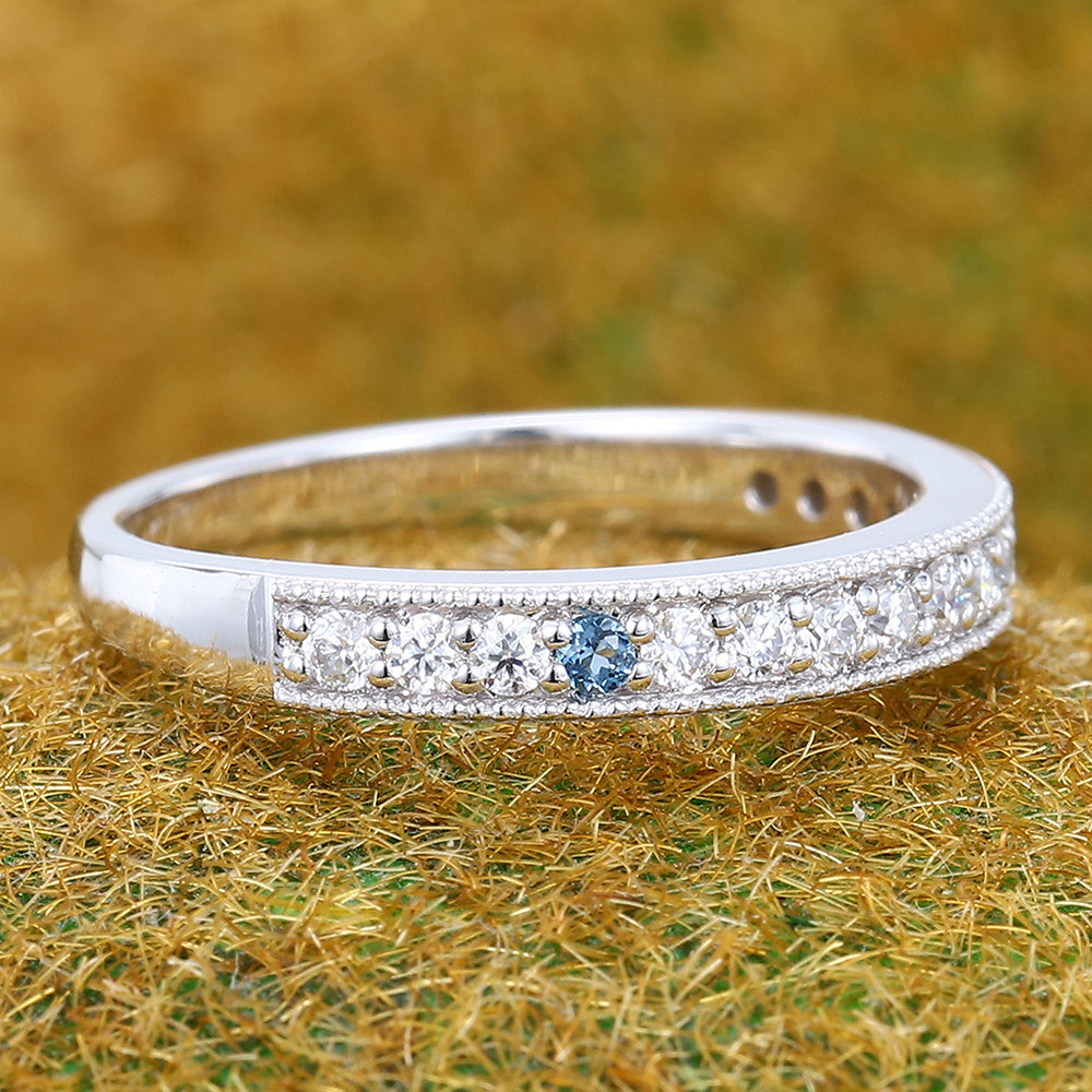 Round London Blue Topaz & Moissanite Wedding Band Half Eternity Stackable Bridal Ring
