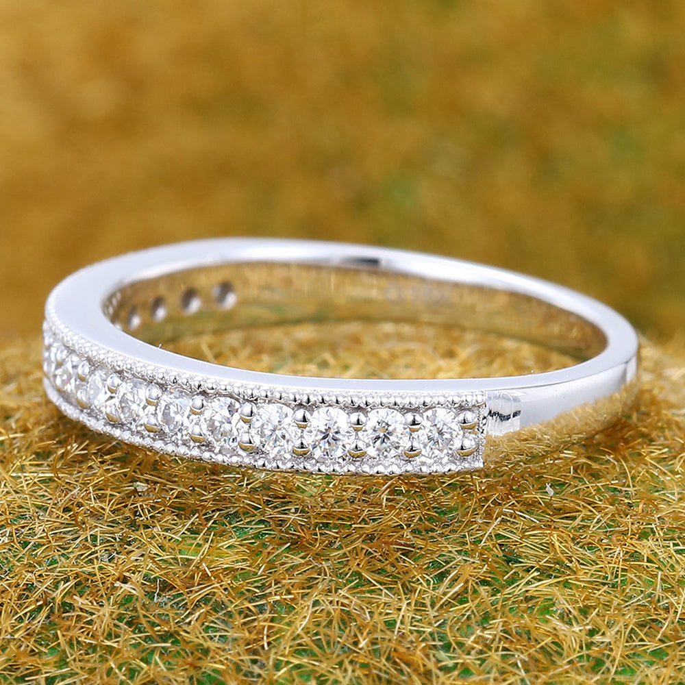 Round London Blue Topaz & Moissanite Wedding Band Half Eternity Stackable Bridal Ring