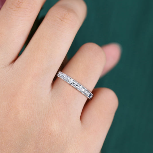 Round London Blue Topaz & Moissanite Wedding Band Half Eternity Stackable Bridal Ring