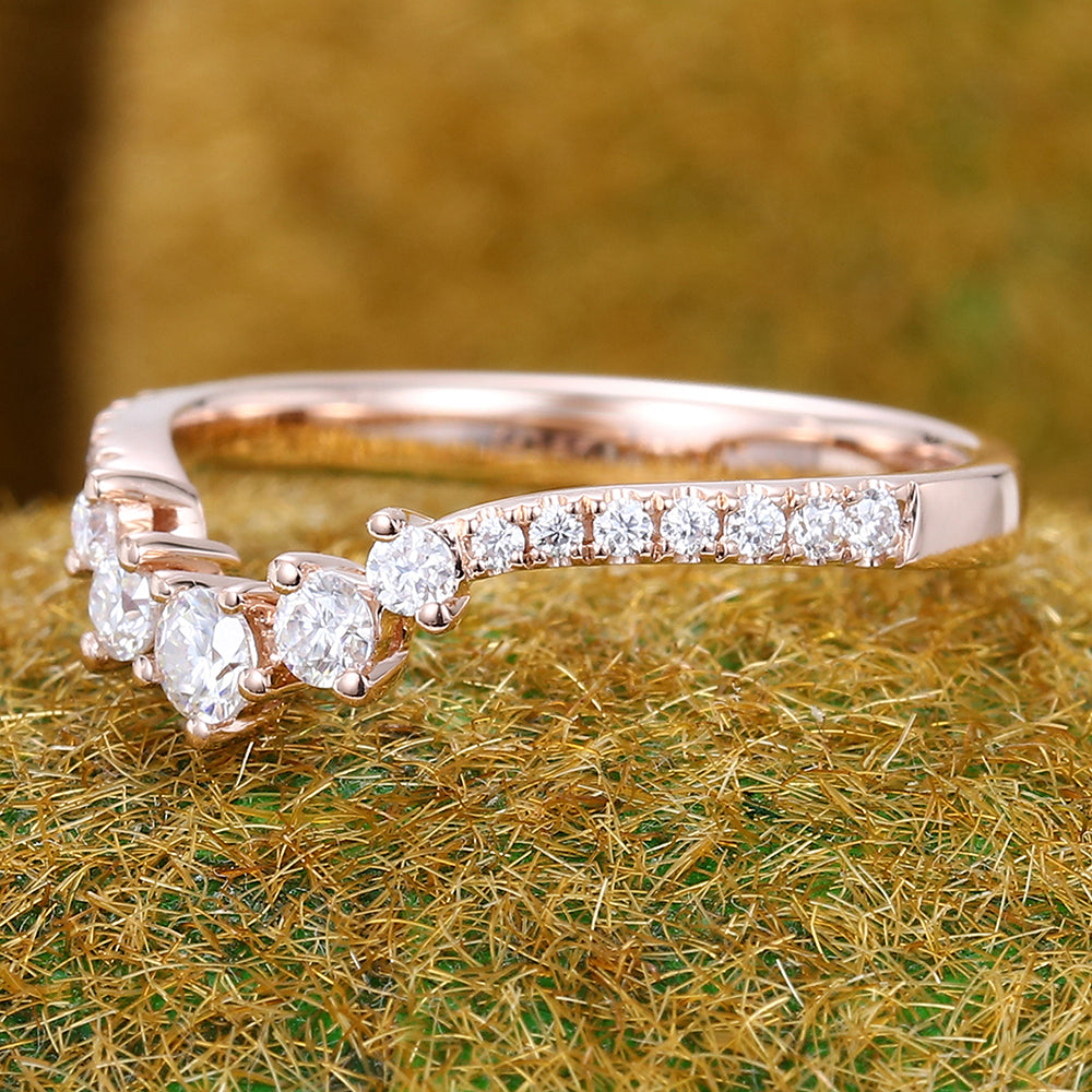 Round Moissanite Curved Wedding Band Half Eternity Stackable Bridal Ring