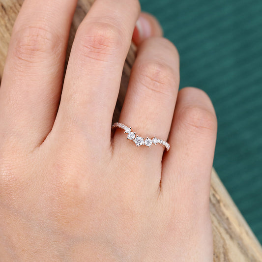 Round Moissanite Curved Wedding Band Half Eternity Stackable Bridal Ring