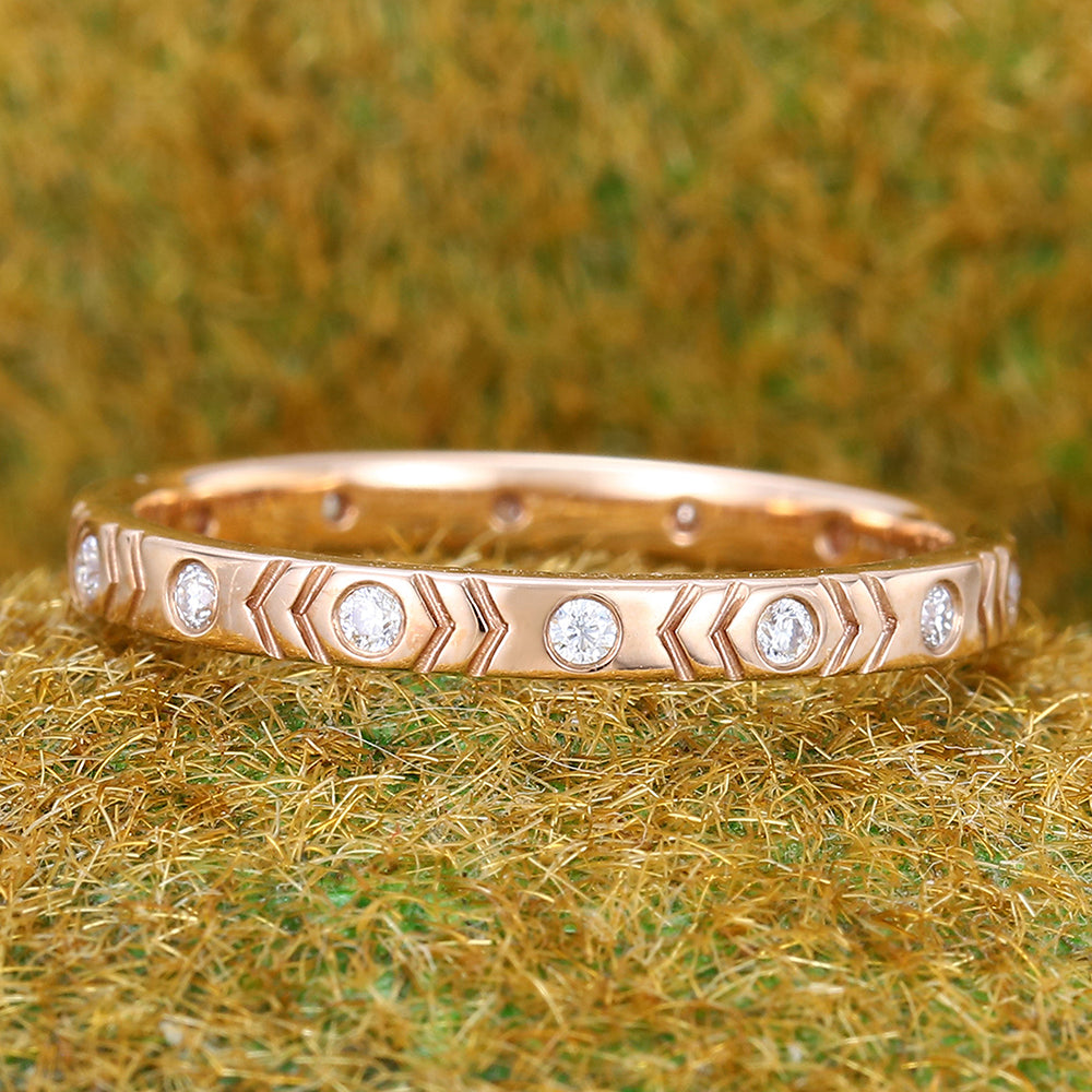 Round Moissanite Wedding Band Chevron Engraved Eternity Ring
