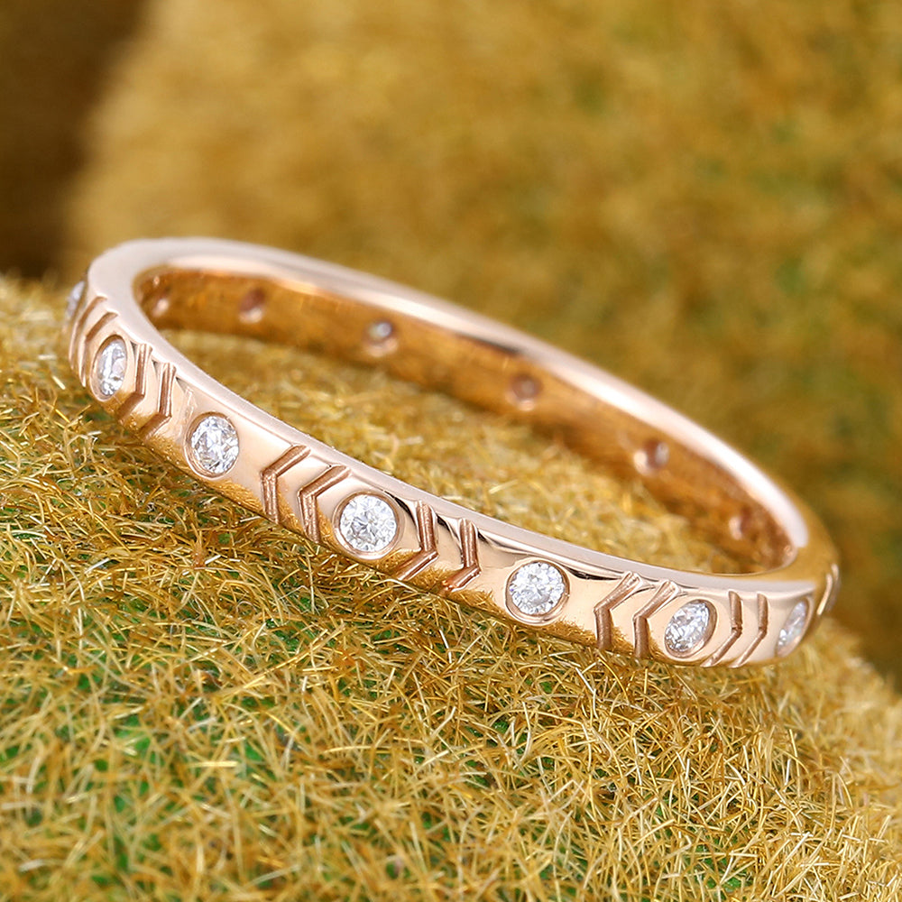 Round Moissanite Wedding Band Chevron Engraved Eternity Ring