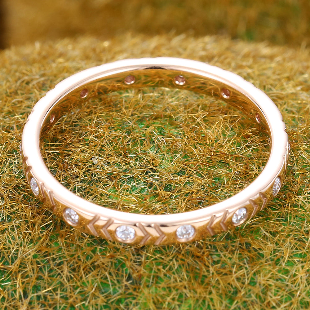 Round Moissanite Wedding Band Chevron Engraved Eternity Ring