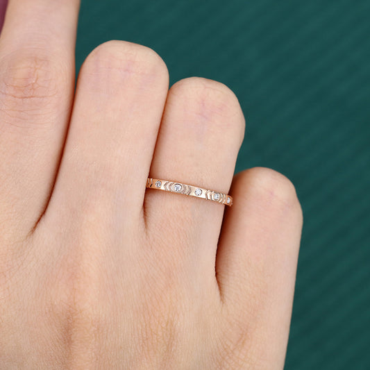 Round Moissanite Wedding Band Chevron Engraved Eternity Ring