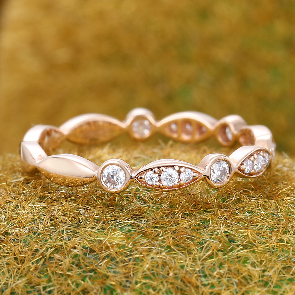 Petite Moissanite Wedding Band Alternating Design Stackable Ring