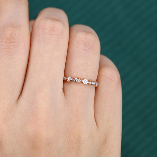 Petite Moissanite Wedding Band Alternating Design Stackable Ring