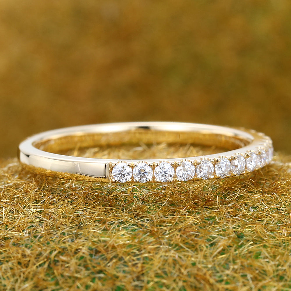 Round Moissanite Wedding Band in Yellow Gold Half Eternity Stackable Bridal Ring