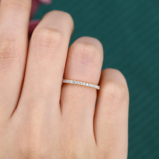 Round Moissanite Wedding Band in Yellow Gold Half Eternity Stackable Bridal Ring