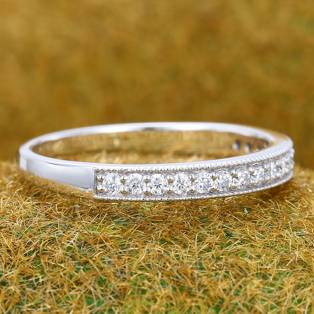 Beaded Pavé Round Moissanite Wedding Band Half Eternity Ring