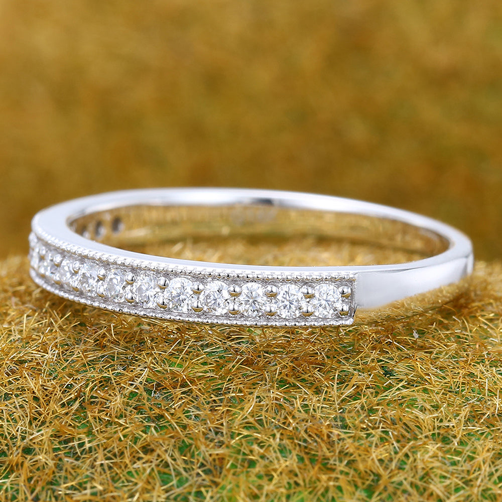 Beaded Pavé Round Moissanite Wedding Band Half Eternity Ring