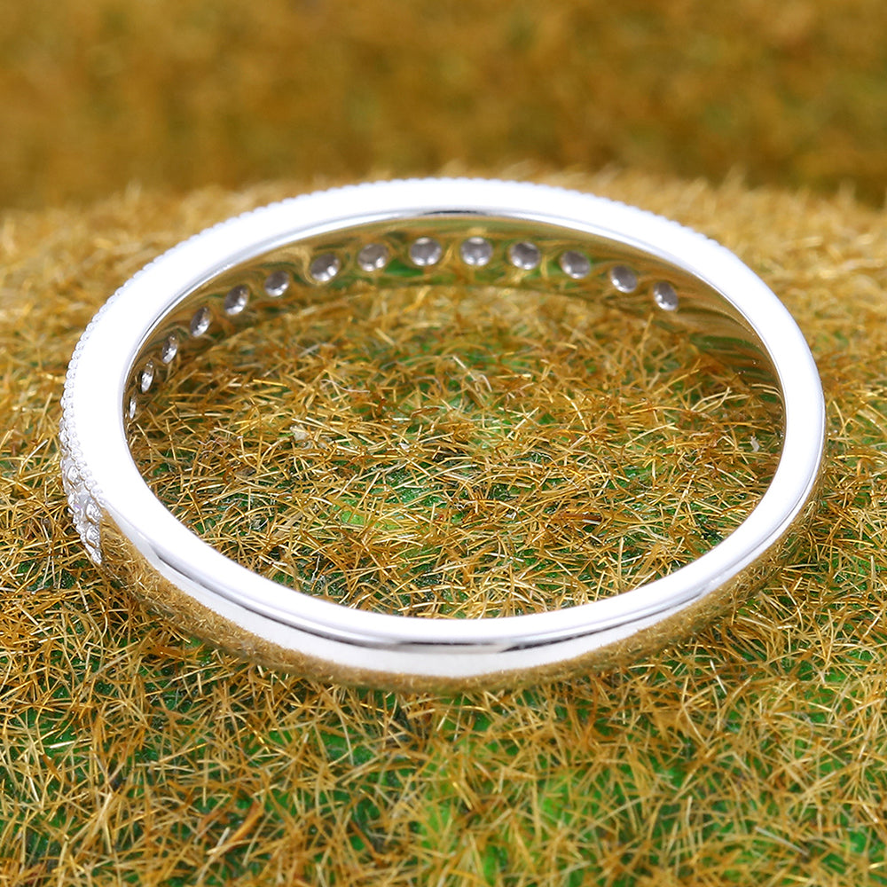 Beaded Pavé Round Moissanite Wedding Band Half Eternity Ring