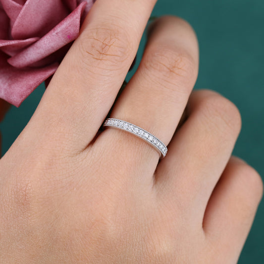 Beaded Pavé Round Moissanite Wedding Band Half Eternity Ring