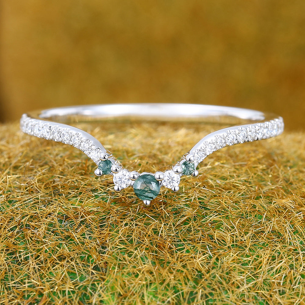 Moss Agate Curved Wedding Band Half Eternity Bridal Stacking Ring