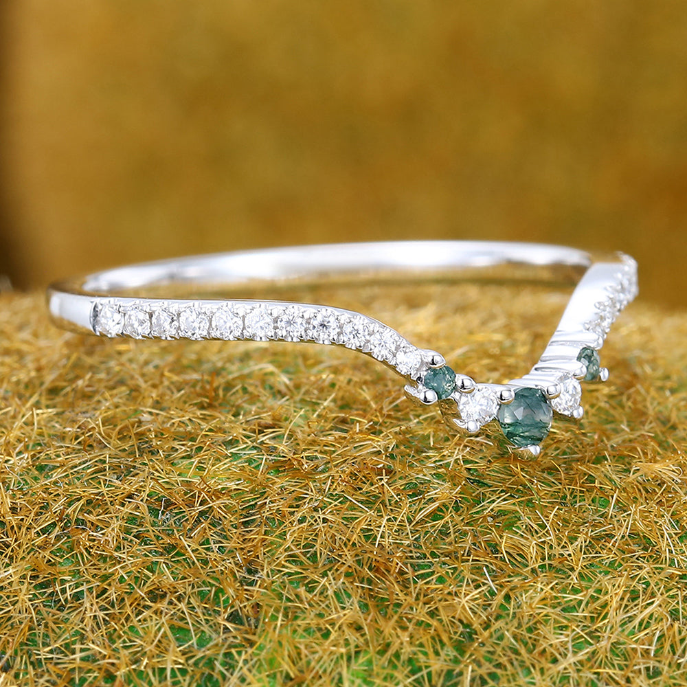 Moss Agate Curved Wedding Band Half Eternity Bridal Stacking Ring
