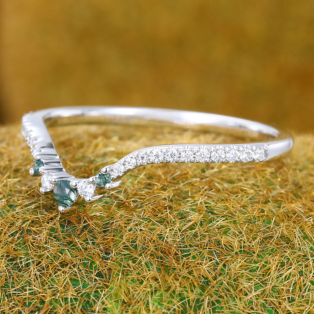 Moss Agate Curved Wedding Band Half Eternity Bridal Stacking Ring