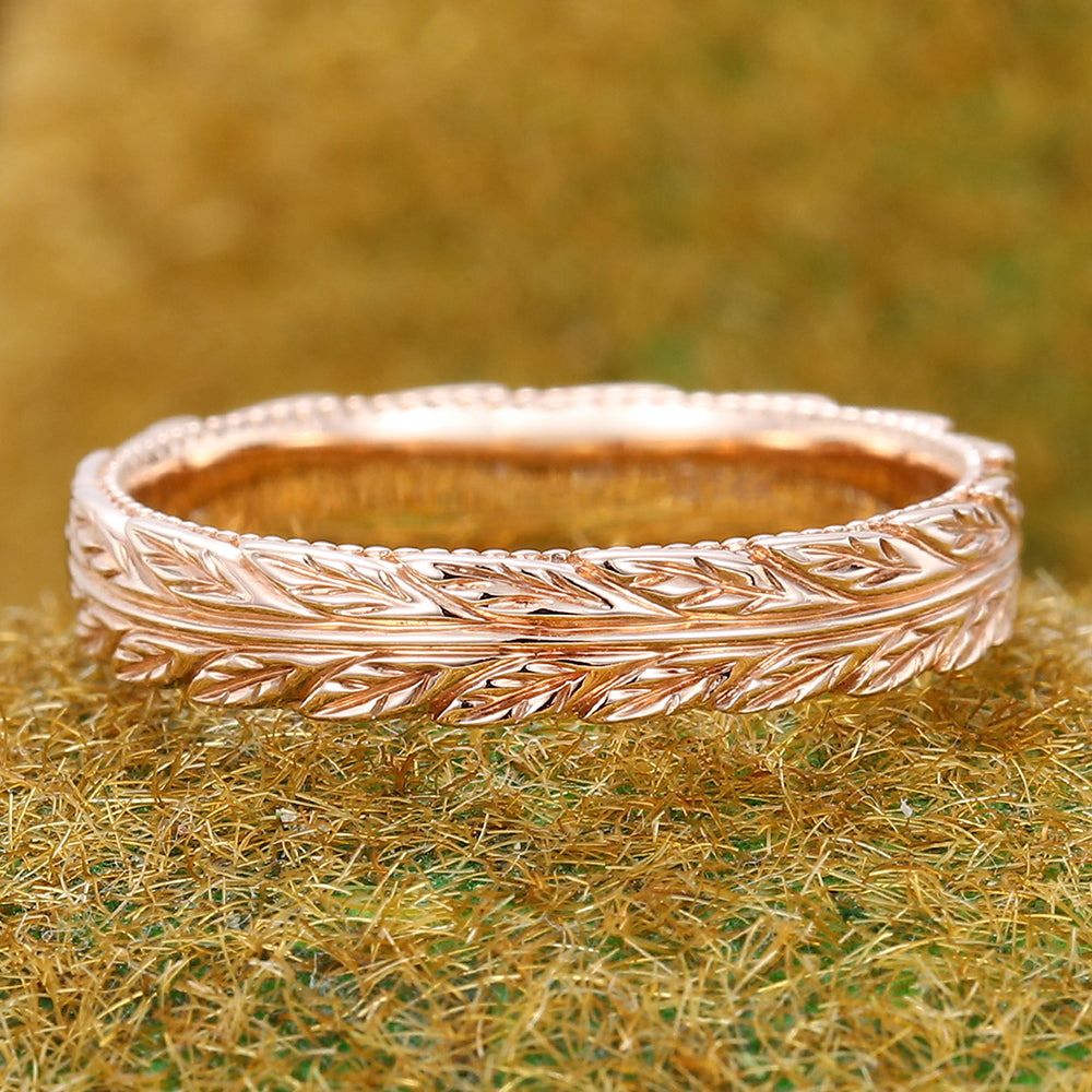 Nature Inspired Solid Wedding Band Leaf Eternity Ring