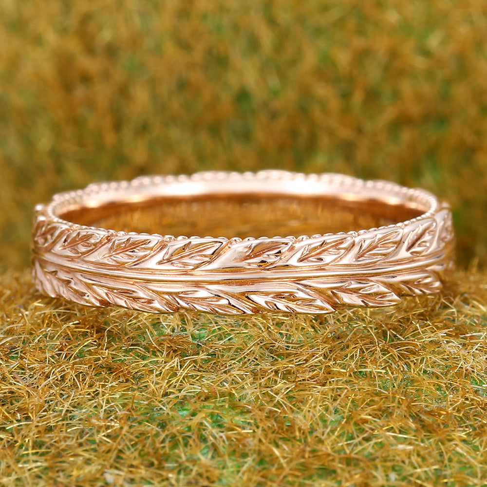 Nature Inspired Solid Wedding Band Leaf Eternity Ring