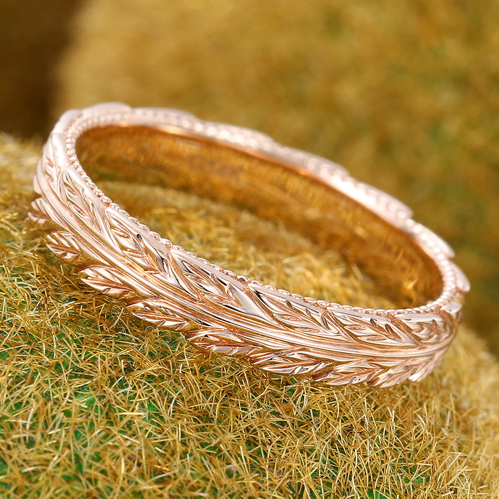 Nature Inspired Solid Wedding Band Leaf Eternity Ring