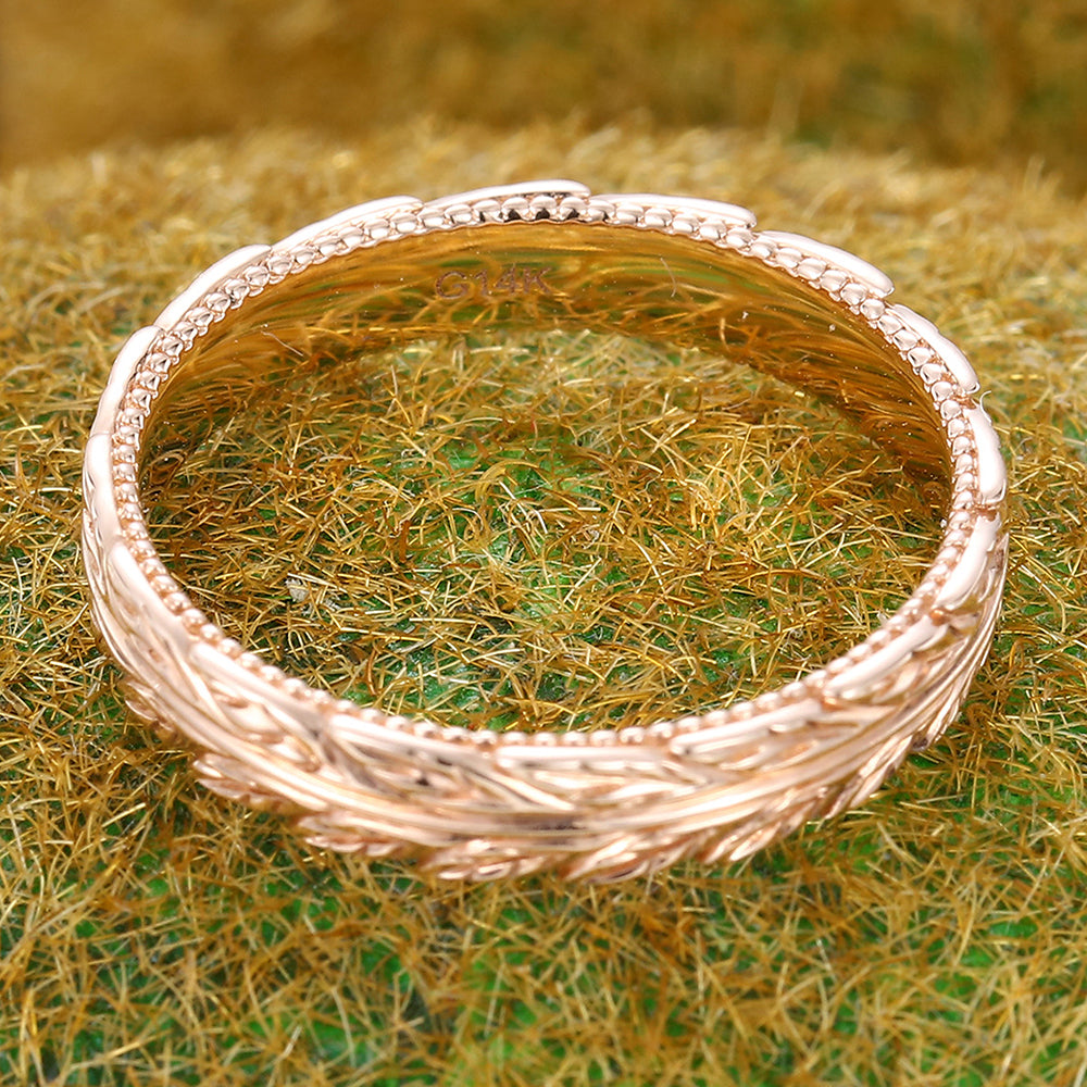 Nature Inspired Solid Wedding Band Leaf Eternity Ring