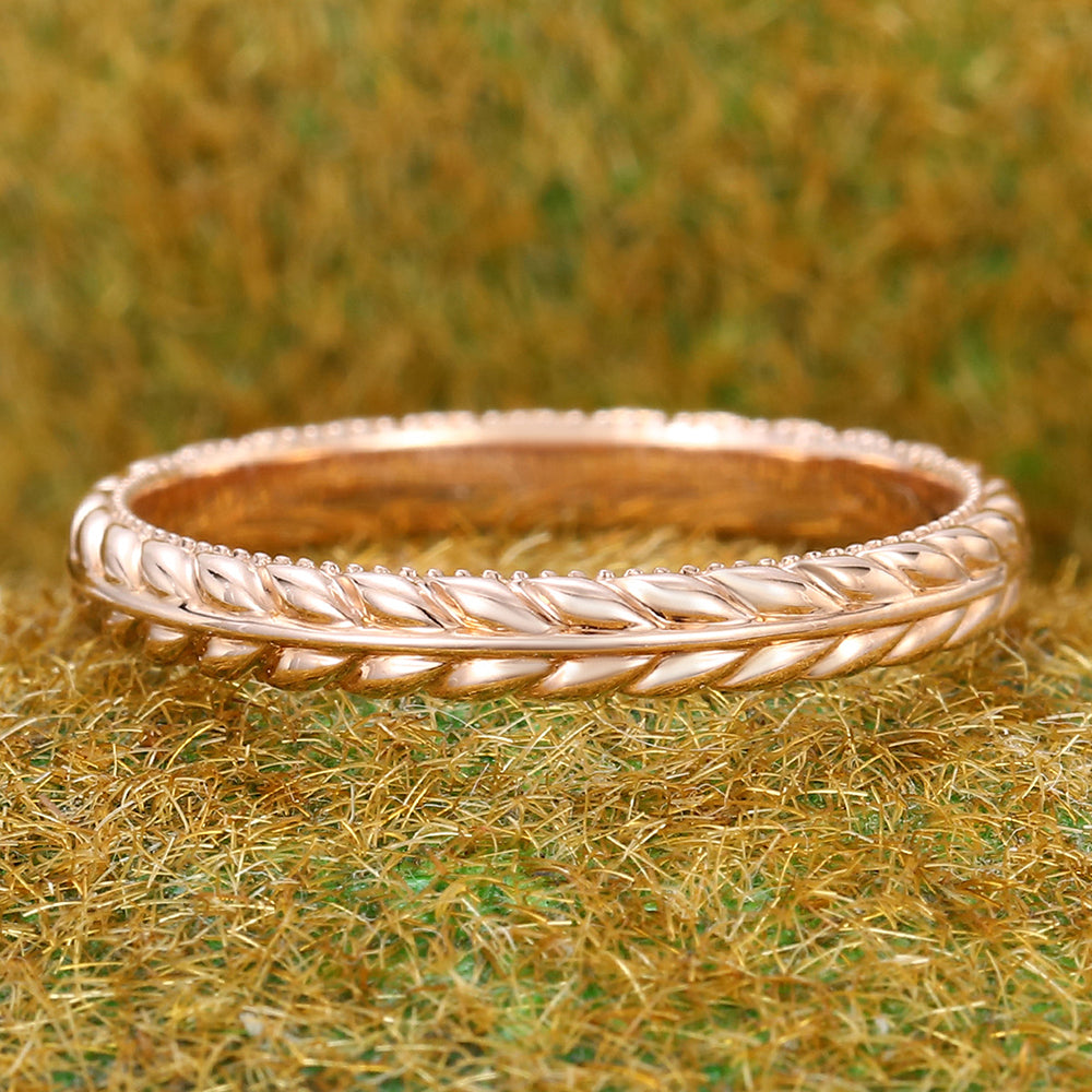 Solid Wedding Band Vintage Leaf Engraved Nature-Inspired Ring