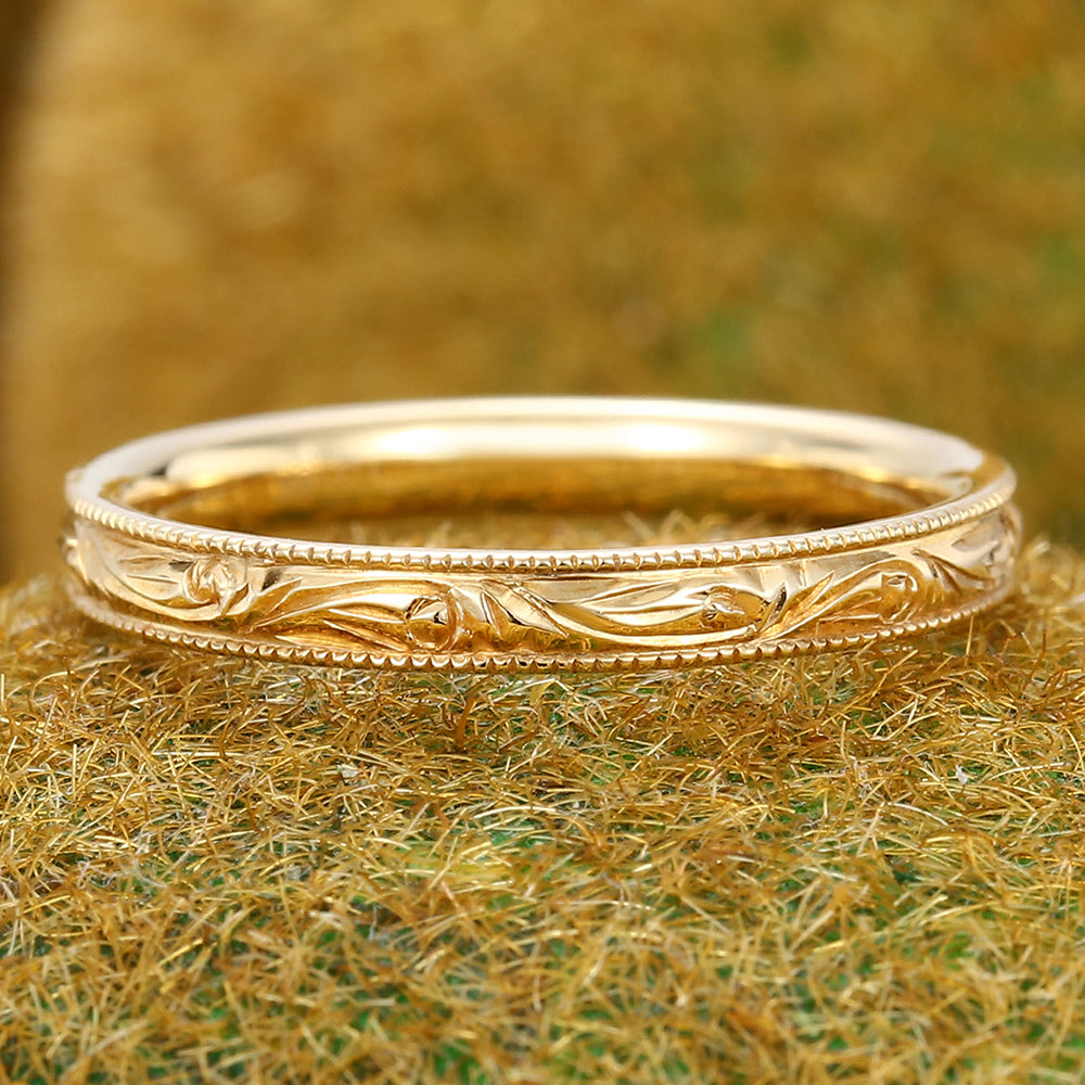Solid Wedding Band Vintage Engraved Ring