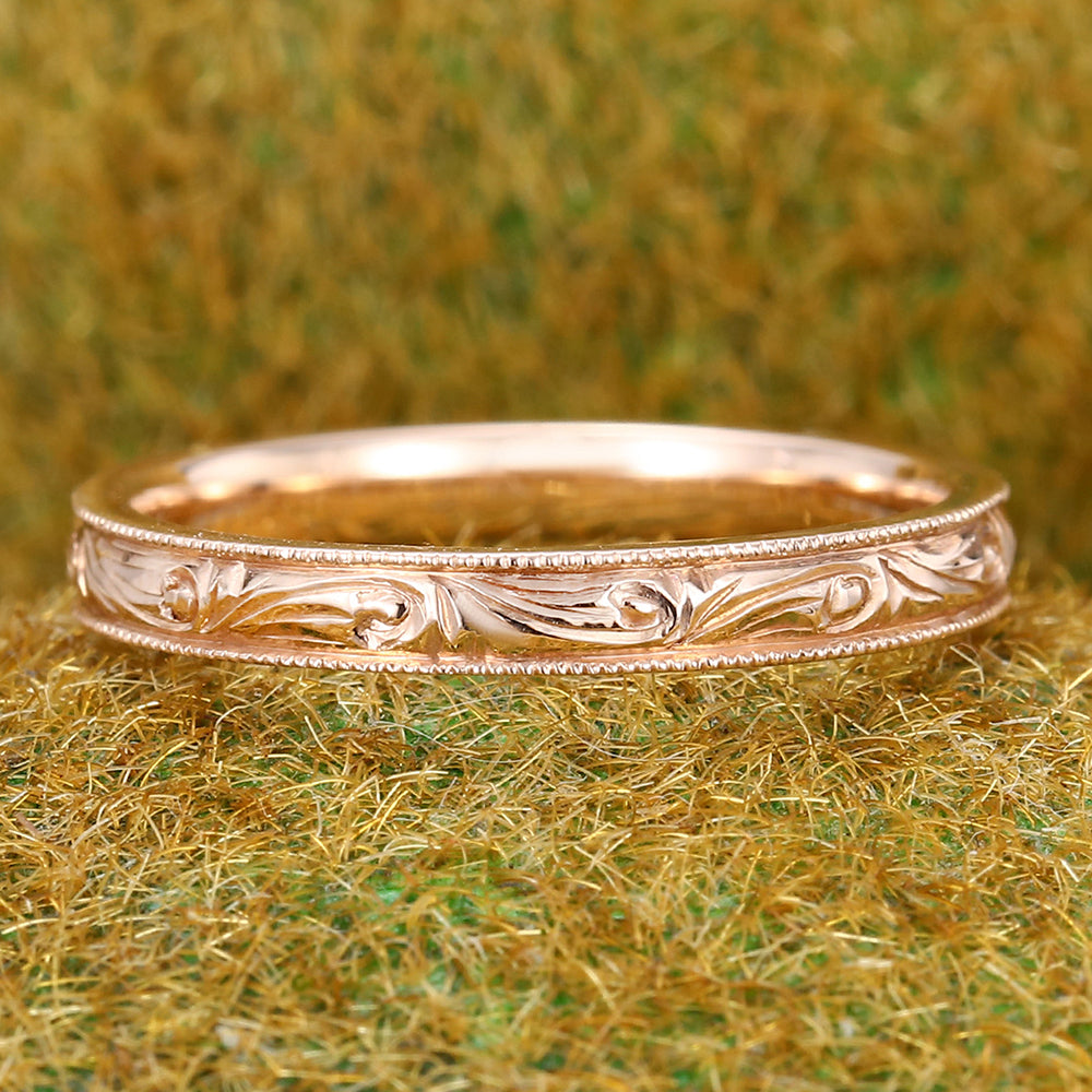 Solid Wedding Band Vintage Engraved Ring