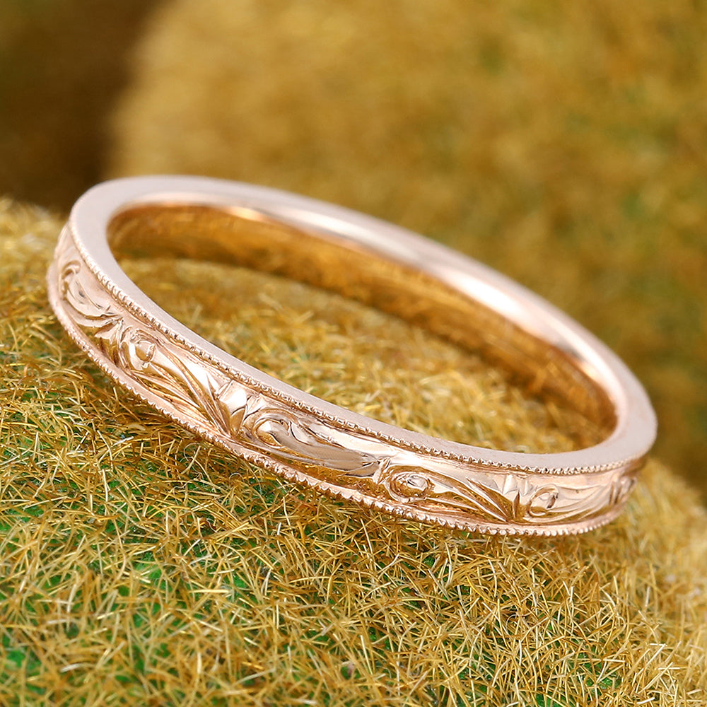 Solid Wedding Band Vintage Engraved Ring