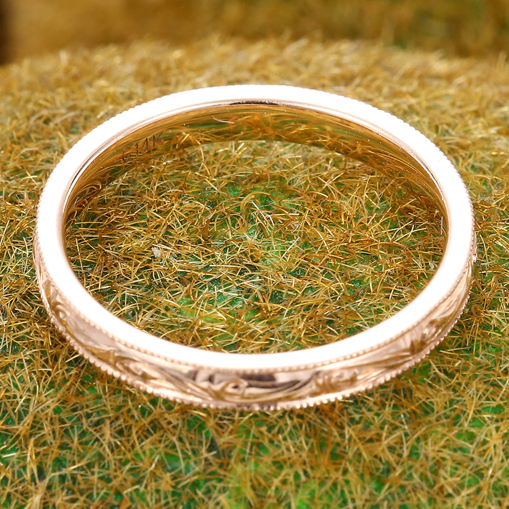 Solid Wedding Band Vintage Engraved Ring
