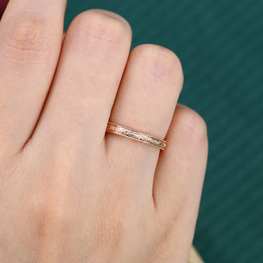 Solid Wedding Band Vintage Engraved Ring