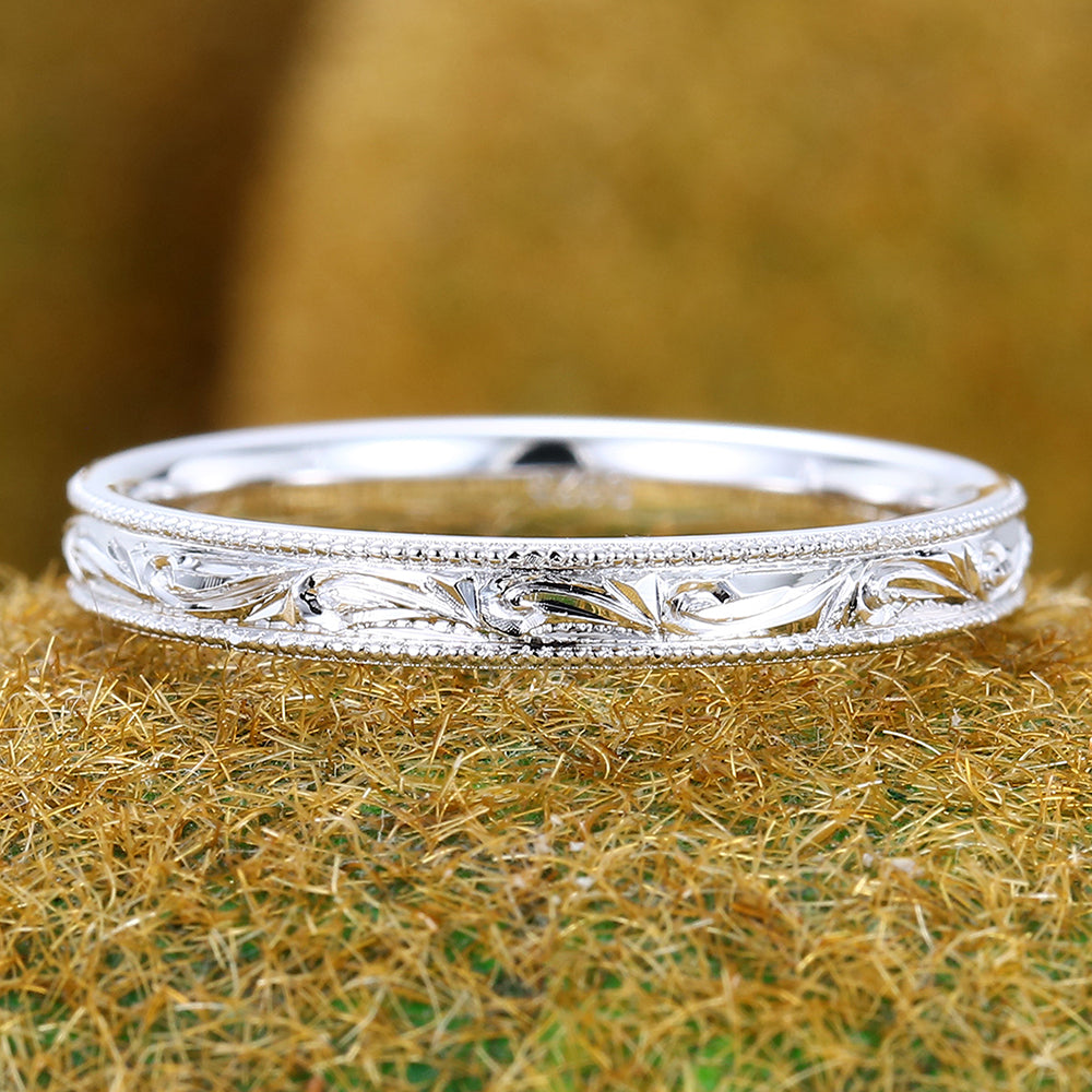 Solid Wedding Band Vintage Engraved Ring