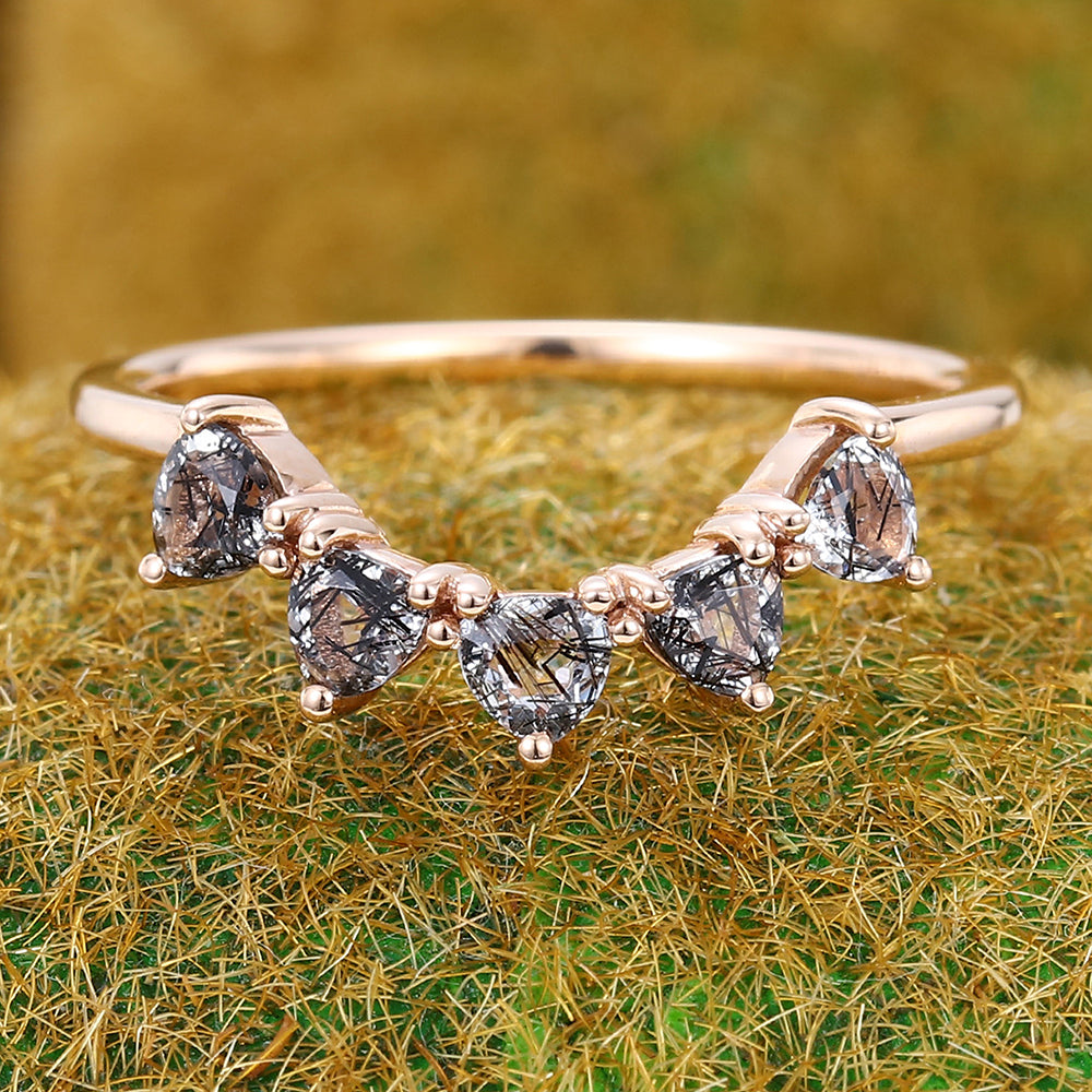 Trillion Black Rutilated Quartz Curved Wedding Band Anniversary Stackable Bridal Ring