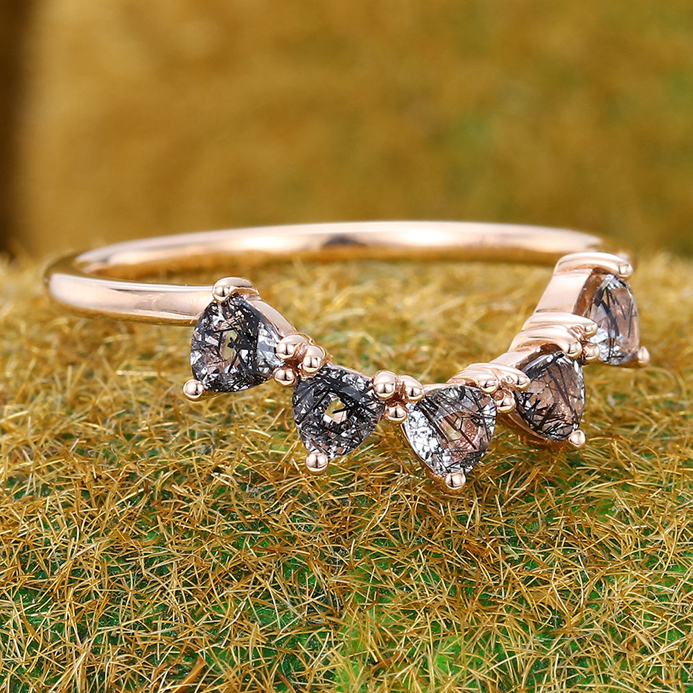 Trillion Black Rutilated Quartz Curved Wedding Band Anniversary Stackable Bridal Ring