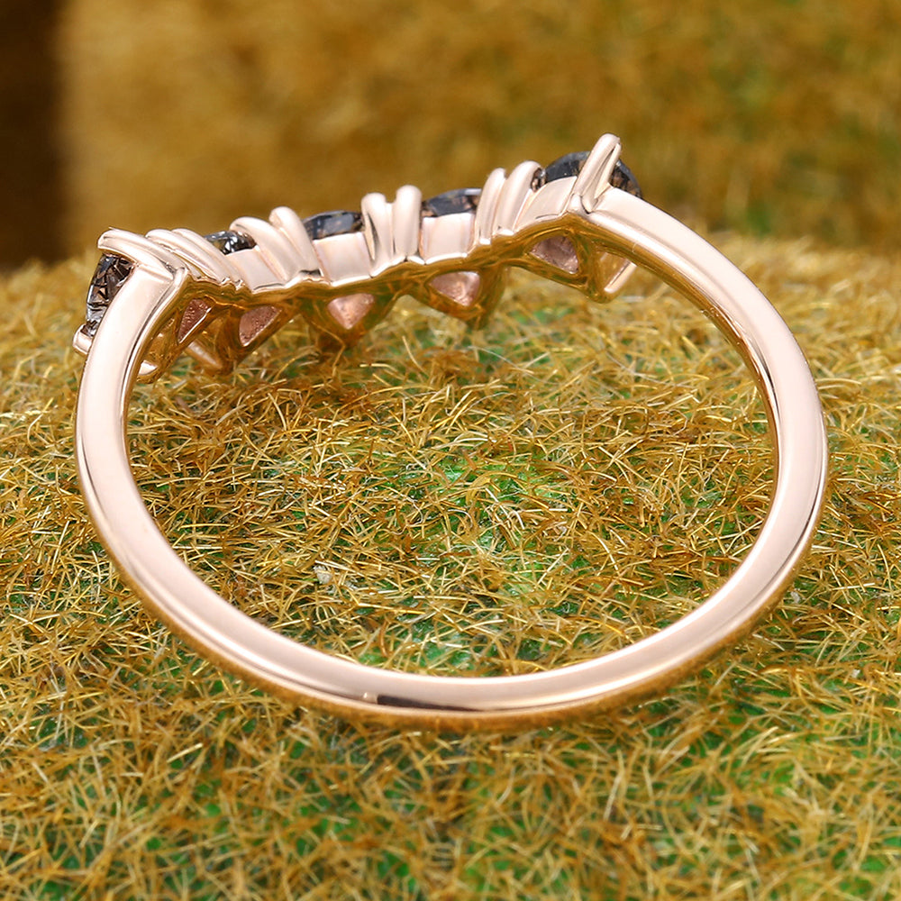 Trillion Black Rutilated Quartz Curved Wedding Band Anniversary Stackable Bridal Ring