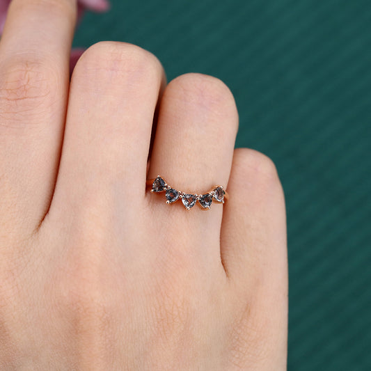 Trillion Black Rutilated Quartz Curved Wedding Band Anniversary Stackable Bridal Ring