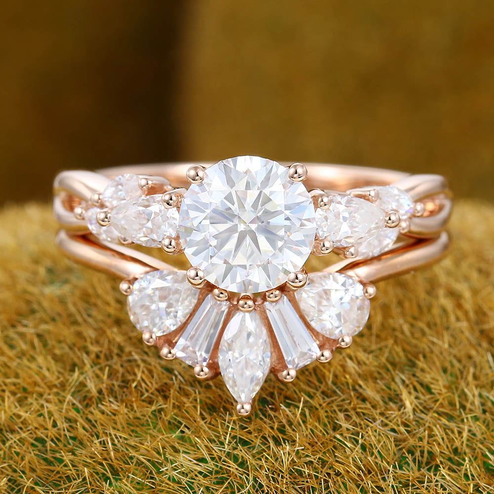 Twisted Design 1CT Round Cut Moissanite Engagement Ring Set with Art Deco Cluster Accents