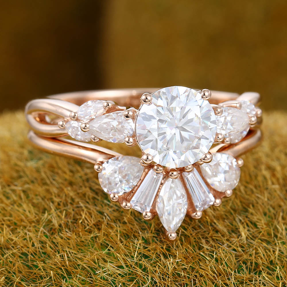 Twisted Design 1CT Round Cut Moissanite Engagement Ring Set with Art Deco Cluster Accents