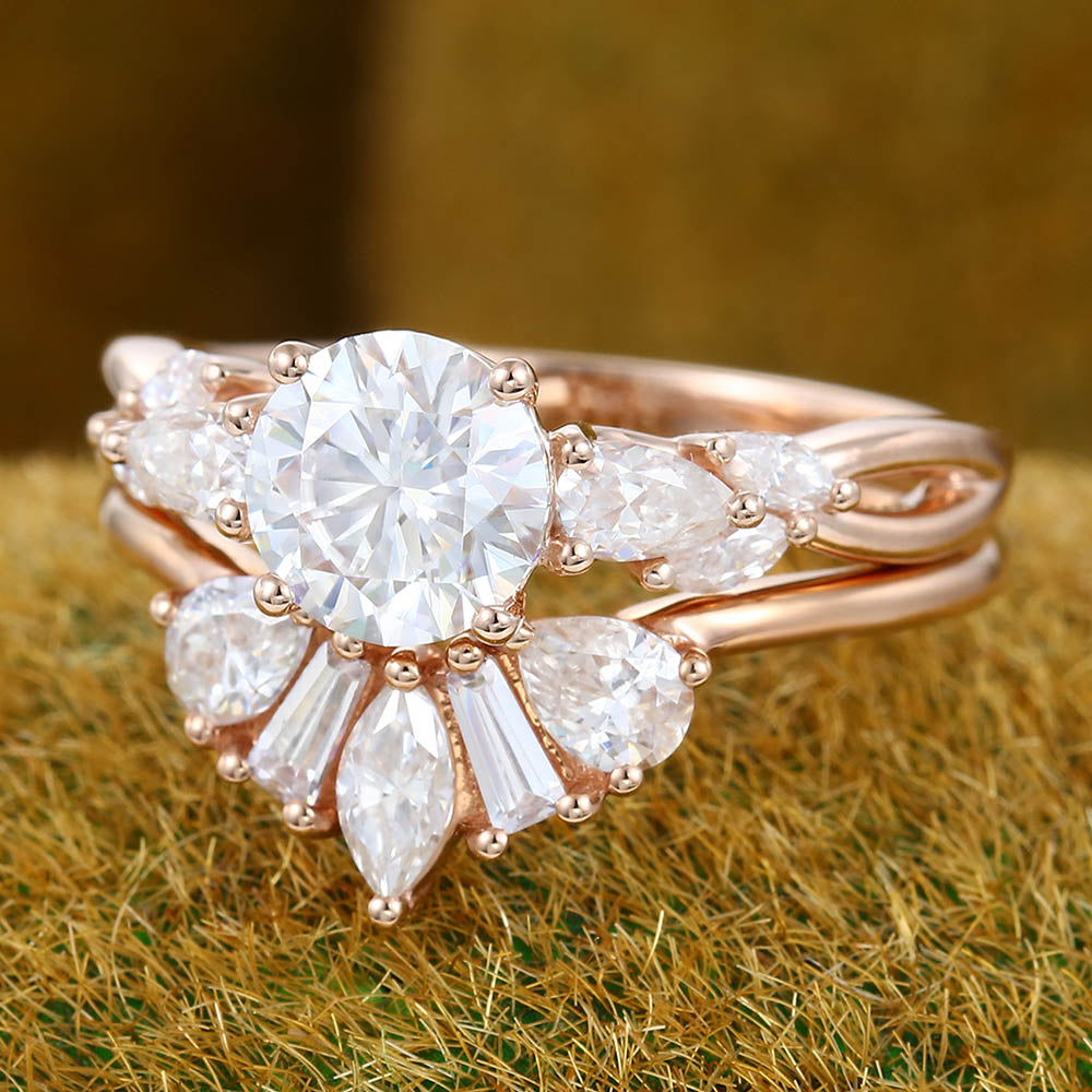 Twisted Design 1CT Round Cut Moissanite Engagement Ring Set with Art Deco Cluster Accents
