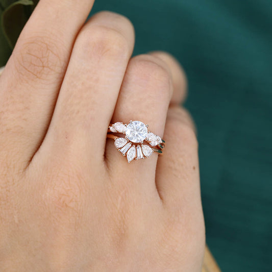 Twisted Design 1CT Round Cut Moissanite Engagement Ring Set with Art Deco Cluster Accents