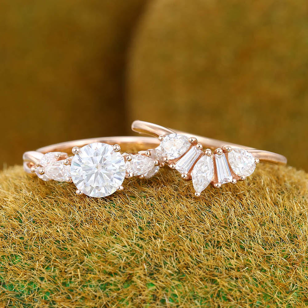 Twisted Design 1CT Round Cut Moissanite Engagement Ring Set with Art Deco Cluster Accents