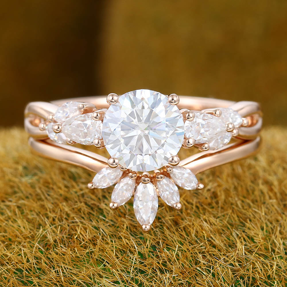 Twisted Design 1CT Round Cut Moissanite Engagement Ring Set with Marquise Cluster Accents