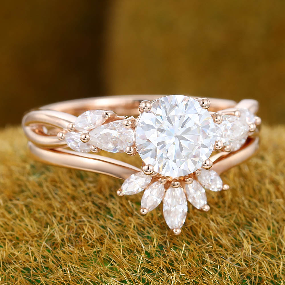 Twisted Design 1CT Round Cut Moissanite Engagement Ring Set with Marquise Cluster Accents